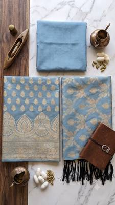Grey blue katan silk blend dress materials 1