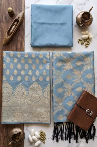 Grey blue katan silk blend dress materials