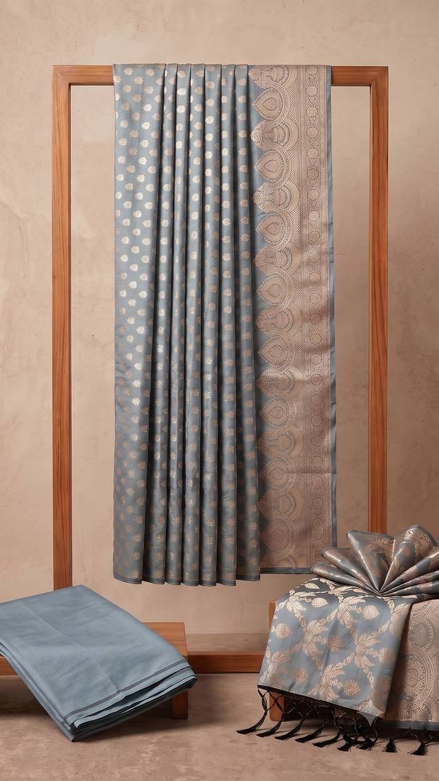 Grey blue katan silk blend dress materials