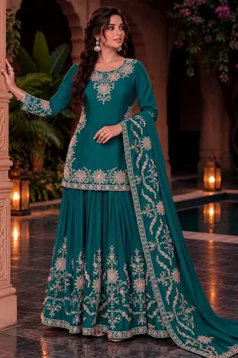 premium chinon with front & back embroidery work with can-can