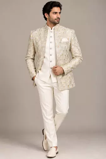 White beige jodhpuri for man ::: bandhgala ethnic wear