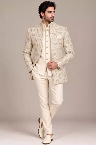 Beige gold touchup open jodhpuri for man ::: bandhgala ethnic wear
