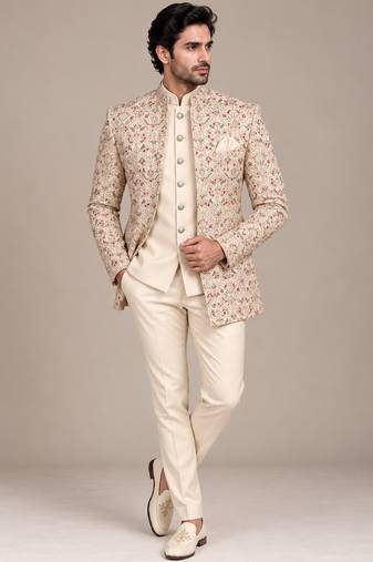 Beige maroon open jodhpuri for man ::: bandhgala ethnic wear