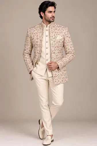 Beige maroon open jodhpuri for man ::: bandhgala ethnic wear