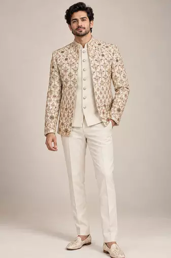Gold beige jodhpuri for man ::: bandhgala ethnic wear