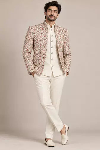Beige maroon open jodhpuri for man ::: bandhgala ethnic wear