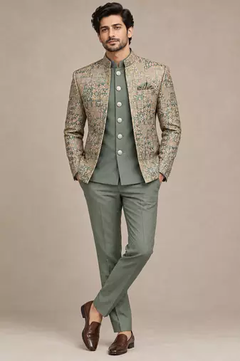 Pista green open jodhpuri for man ::: bandhgala ethnic wear