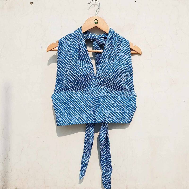 Blue-lehariya-back-knot-and-halter-neck-padded-cotton-top