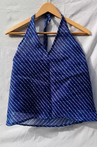 Blue-lehariya-halter-neck-kota-doria-top-kj0020