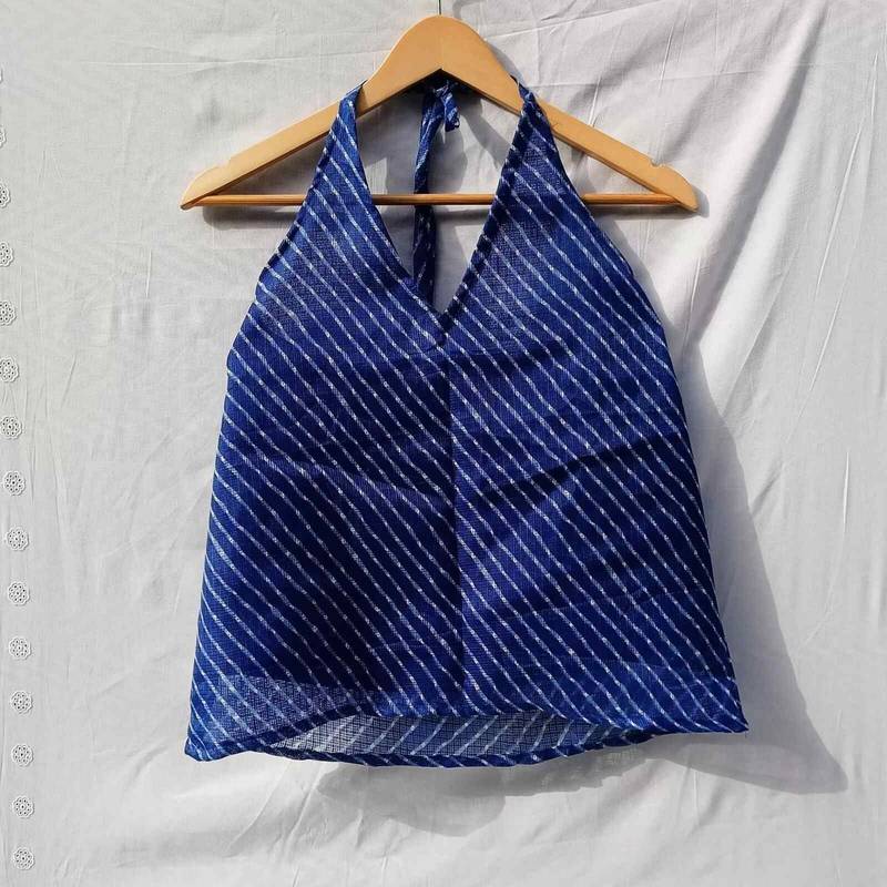 Blue-lehariya-halter-neck-kota-doria-top-kj0020