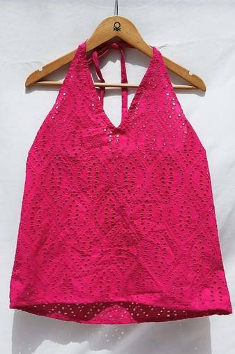 Magenta-chikan-halter-neck-cotton-top-kj0022
