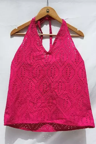 Magenta-chikan-halter-neck-cotton-top-kj0022