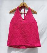 Magenta-chikan-halter-neck-cotton-top-kj0022