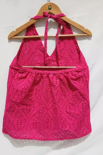 Magenta-chikan-halter-neck-cotton-top-kj0022