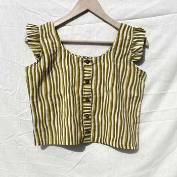 Green-stripe-printed-frill-sleeves-cotton-top-kj0037 1