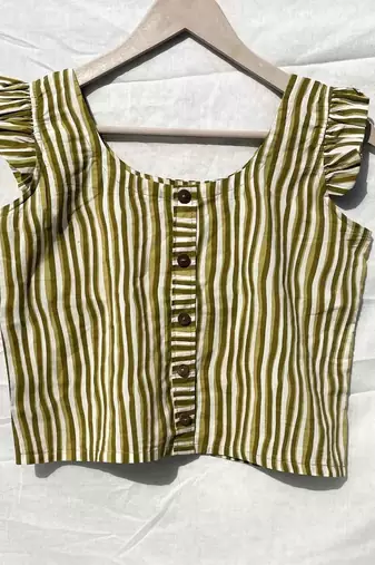 Green-stripe-printed-frill-sleeves-cotton-top-kj0037
