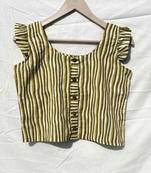Green-stripe-printed-frill-sleeves-cotton-top-kj0037