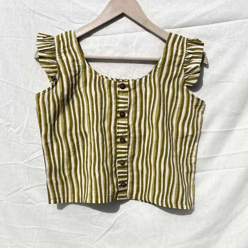 Green-stripe-printed-frill-sleeves-cotton-top-kj0037