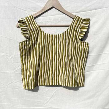 Green-stripe-printed-frill-sleeves-cotton-top-kj0037 2