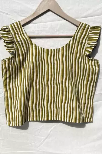 Green-stripe-printed-frill-sleeves-cotton-top-kj0037