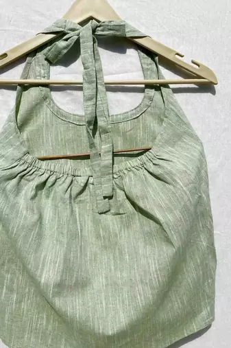 Green-round-neck-halter-neck-cotton-khadi-top-kj0038