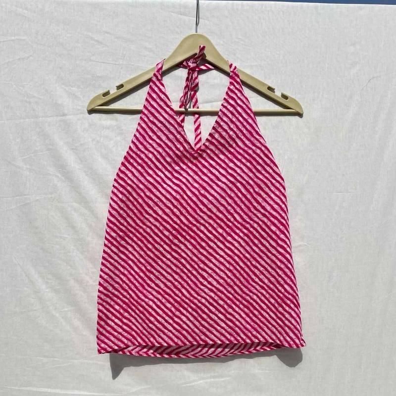 Pink-lehariya-pattern-halter-neck-cotton-top-kj0042