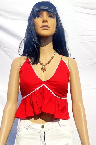 Red-chikan-lace-deep-v-neck-padded-cotton-top-kj0051