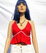 Red-chikan-lace-deep-v-neck-padded-cotton-top-kj0051
