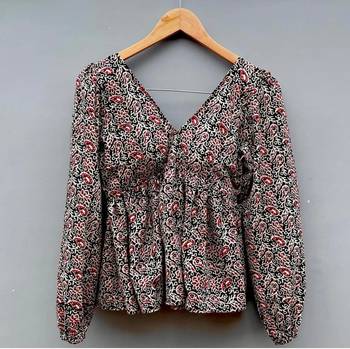 Black-kalamkari-deep-neck-full-puff-sleeves-cotton-top-kj0105 1