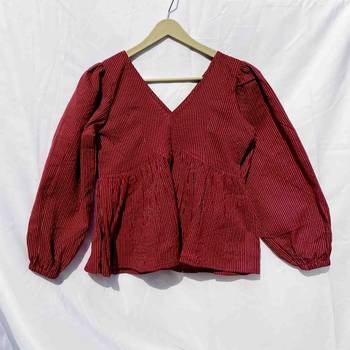 Maroon-katha-deep-neck-full-puff-sleeves-cotton-top-kj0106 1