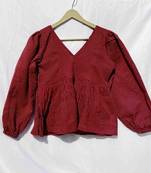 Maroon-katha-deep-neck-full-puff-sleeves-cotton-top-kj0106