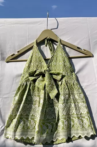 Olive-green-chikan-front-knot-halter-neck-cotton-top-kj0127