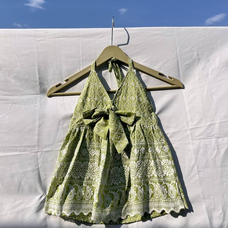 Olive-green-chikan-front-knot-halter-neck-cotton-top-kj0127