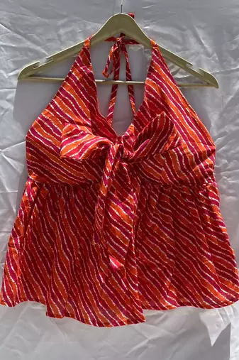 Pink-orange-lehariya-front-knot-halter-neck-cotton-top-kj0137