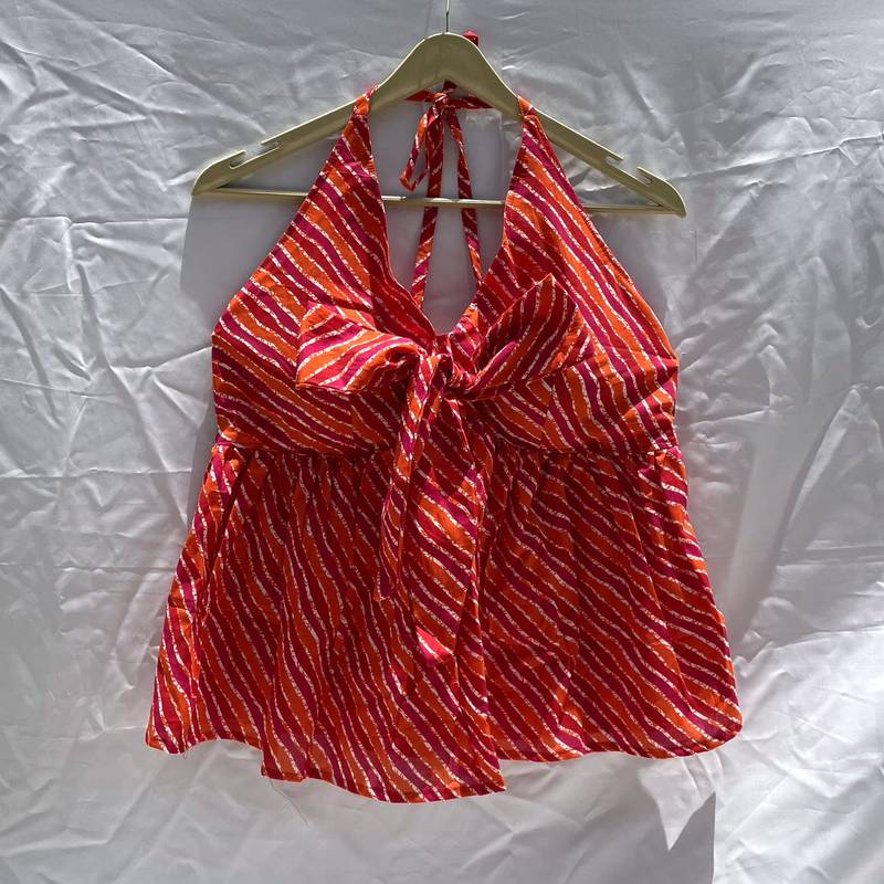 Pink-orange-lehariya-front-knot-halter-neck-cotton-top-kj0137