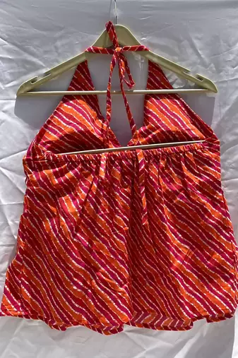 Pink-orange-lehariya-front-knot-halter-neck-cotton-top-kj0137