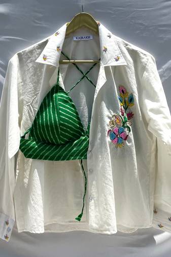 Embroidery-shirt-green-lehariya-bra-combo-kj0149