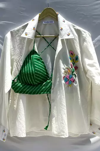 Embroidery-shirt-green-lehariya-bra-combo-kj0149