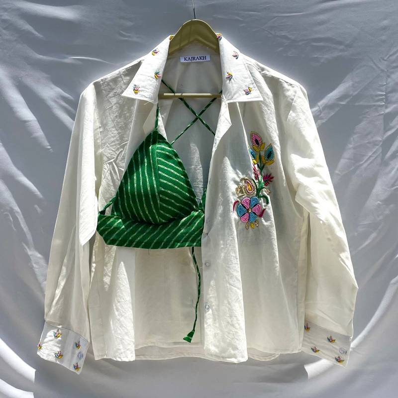 Embroidery-shirt-green-lehariya-bra-combo-kj0149