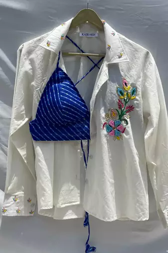 Embroidery-shirt-blue-lehariya-bra-combo-kj0150