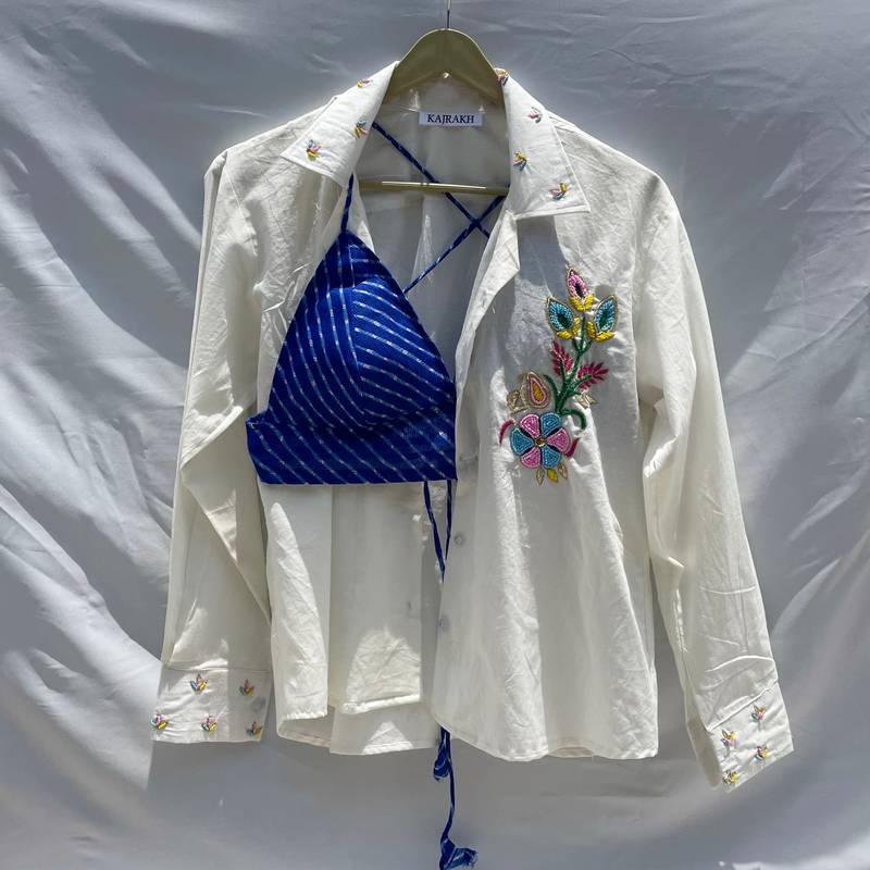 Embroidery-shirt-blue-lehariya-bra-combo-kj0150