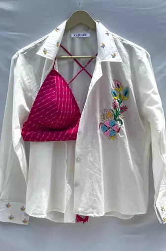 Embroidery-shirt-pink-lehariya-bra-combo-kj0151