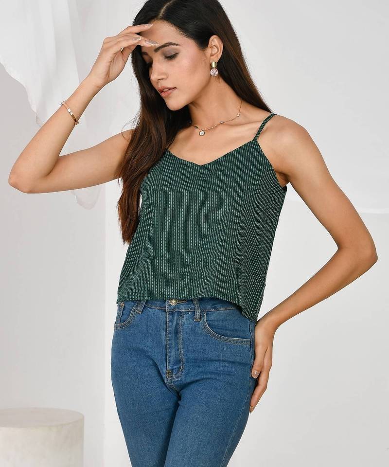 Bottle-green-cotton-kantha-spaghetti-top-kj0166