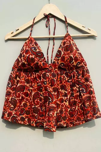 Orange-paisley-tree-halter-neck-cotton-top-kj0422