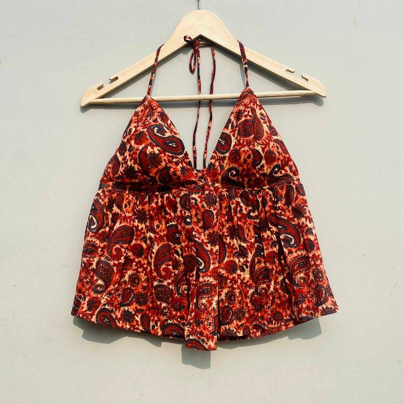 Orange-paisley-tree-halter-neck-cotton-top-kj0422