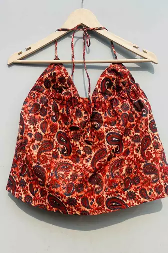 Orange-paisley-tree-halter-neck-cotton-top-kj0422