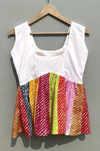 Multicolor-lehariya-handwork-deep-neck-cotton-top-kj0426