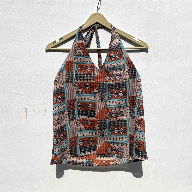 Multicolor-abstract-halter-neck-cotton-top-kj0433