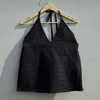 Black-chikan-hakoba-halter-neck-cotton-top-kj0479 1