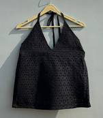 Black-chikan-hakoba-halter-neck-cotton-top-kj0479
